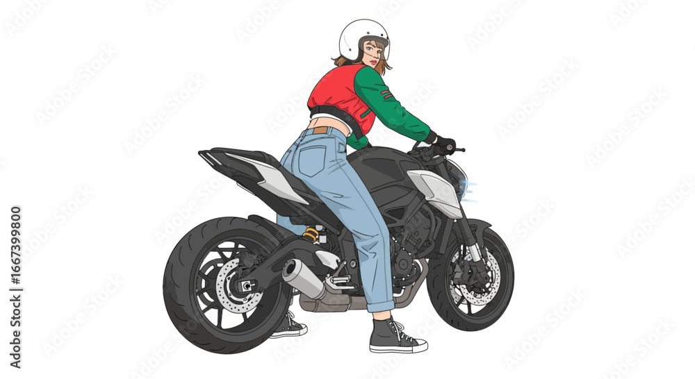 Stylish Young Woman Riding Modern Motorcycle Vector Illustration