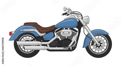 Stylized Illustration of a Classic Blue Motorcycle with Brown Seat Design