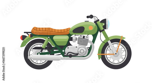 Stylized illustration of a classic green motorcycle with brown seat