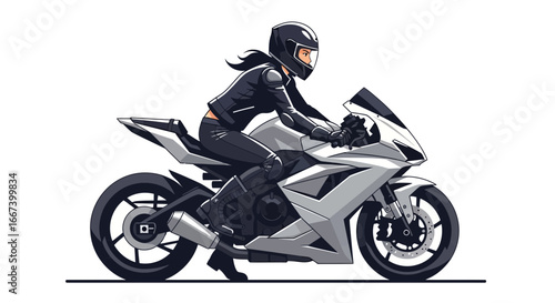 Stylized illustration of a female biker riding a modern sport motorcycle