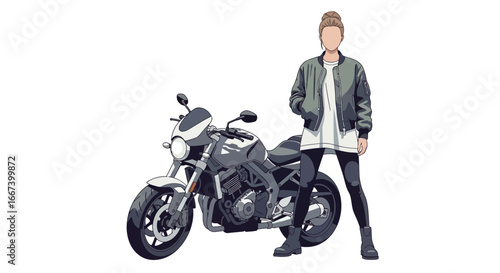 Stylized illustration of woman with motorcycle for street lifestyle imagery