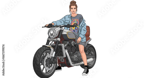 Stylized illustration of a woman on a custom motorcycle with white background