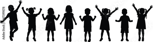 Silhouette of children, kids group, playful childhood, standing children, happy kids, outdoor fun, lifestyle, family, joy, community, energy, friendship