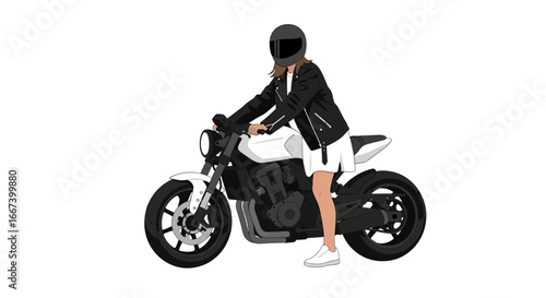 Stylized illustration of woman on modern motorcycle, minimal background