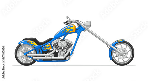 Vibrant custom chopper motorcycle with striking flame design illustration