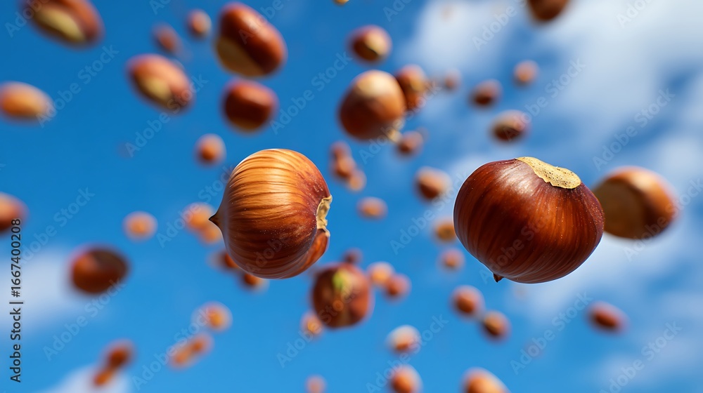 Obraz premium Creative Photo of Chestnuts Flying in the Air with a Blue Sky Background – Suitable for Use in Blog Posts, Social Media Posts, and Website Content Related to Autumn and Fruit Themes.