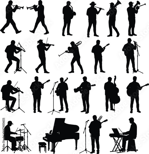 Musician silhouette vector, playing guitar, violin, trumpet, saxophone, trombone, piano, drums, keyboard, live performance, jazz band, orchestra music