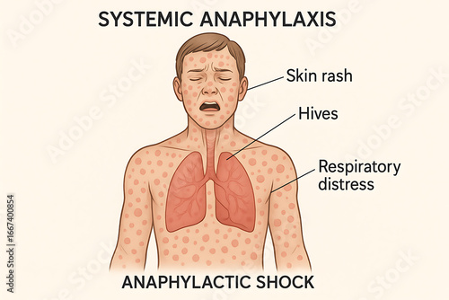 Medical illustration showing the symptoms of systemic anaphylaxis and anaphylactic shock, including skin rash, hives, and respiratory distress.