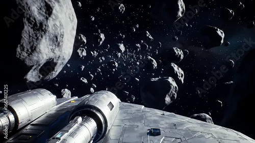 Spaceship navigates a dense asteroid field, starry sky in the background