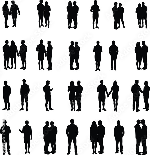 Silhouette couples, friends, people together, holding hands, hugging, standing, casual poses, love, relationship, companionship, social bonding, vector illustration
