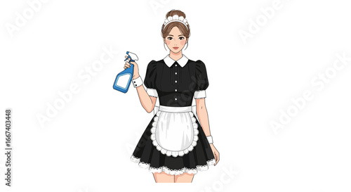 Anime style housemaid character with cleaning spray bottle illustration