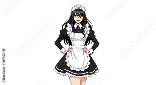 Anime style maid girl in black and white outfit posing with confidence