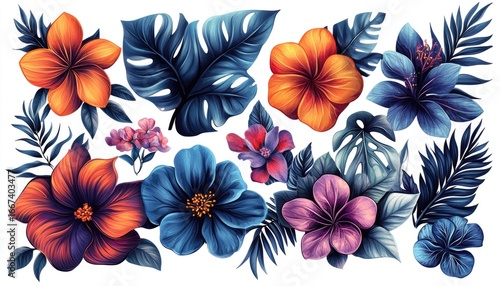 Elegant floral arrangement with vibrant hibiscus and monstera leaves on white. Perfect for backgrounds, textiles, or adding a tropical touch to designs.