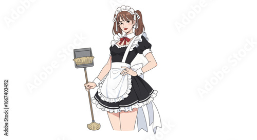 Anime-style illustration of a maid holding a cleaning tool on white