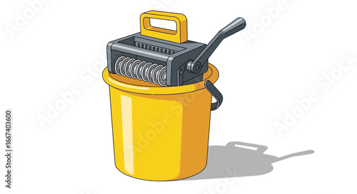Cartoon illustration of a yellow mop bucket with a wringer on top