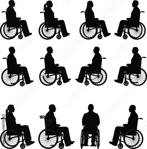 Silhouette people in wheelchair, disability support, healthcare, medical assistance, rehabilitation, inclusion, mobility aid, accessibility, patient care, independence, community support, lifestyle