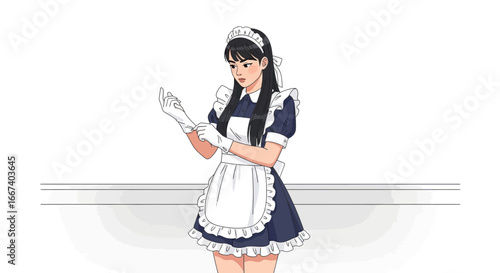 Cartoon-style anime maid putting on gloves in a cleaning environment