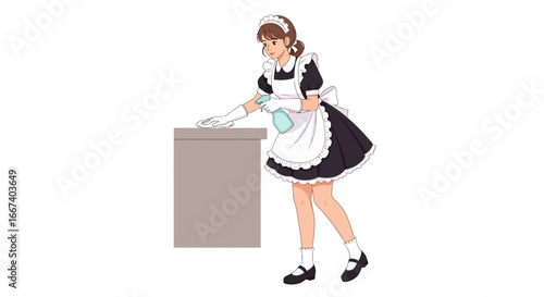 Charming anime maid character meticulously cleaning a surface with spray bottle