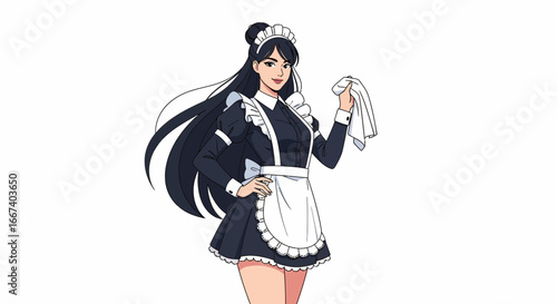 Charming anime girl in classic maid uniform with cleaning cloth illustration