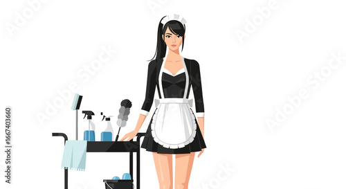 Charming cleaning lady standing near a housekeeping cart with cleaning supplies