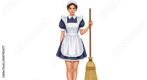 Charming housemaid with cleaning tool, showcasing cartoon cleaning concept