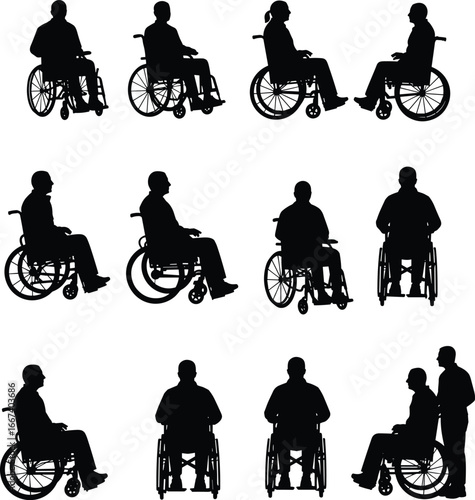 Silhouette people in wheelchair, disability support, healthcare assistance, medical rehabilitation, mobility aid, patient care, accessibility, inclusion, therapy, independence, 