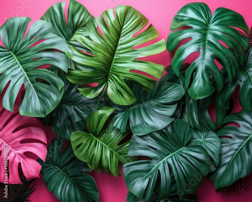 Monstera leaves on a pink backdrop, some leaves are green and one is pink. Great for summer designs, backgrounds, or to evoke tropical feelings.