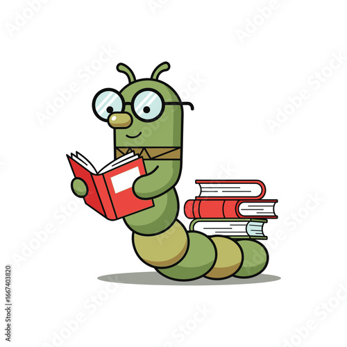 Cute green bookworm cartoon character reading a book.