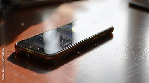 A scratched phone lays on a wooden table, illuminated by a beam of sunlight