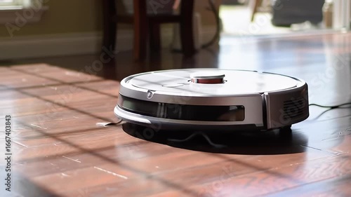 Robot vacuum cleaning a hard wood floor with sunlight from a window creating shadows
