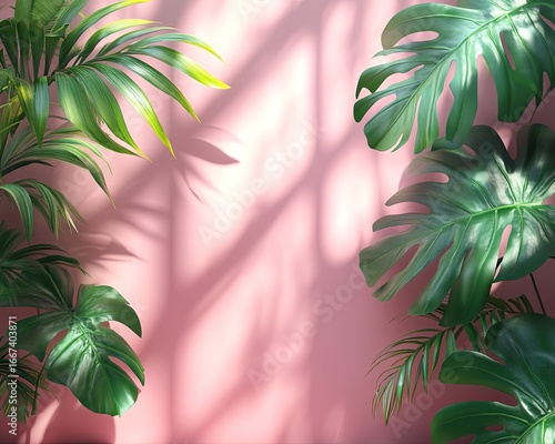 Palm and monstera leaves create a serene botanical scene, on pastel pink background. Good for tropical, relaxation, vacation, or design background with copy space.