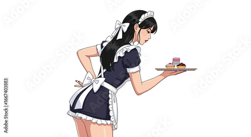 Elegant anime maid bringing treats on a tray in a stylish illustration