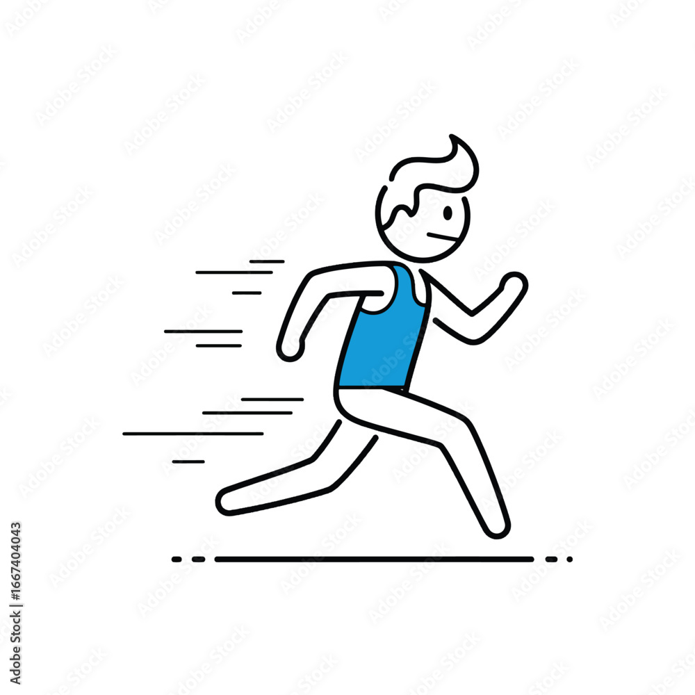 Fototapeta premium Simple illustration of a stick figure athlete running with speed lines, isolated.