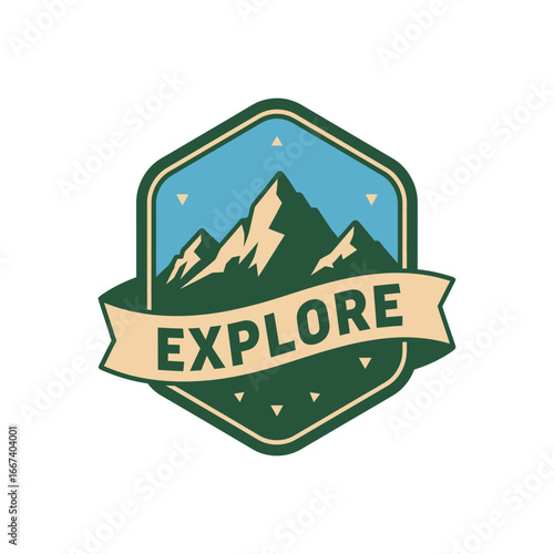 Vintage mountain adventure logo with explore banner.