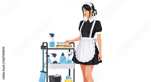 Elegant maid standing near cleaning equipment trolley on white background