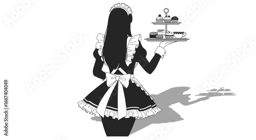 Elegant monochrome depiction of a maid serving delectable sweet treats