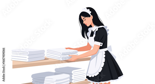 Hotel maid putting folded towels on a wooden shelf in the room