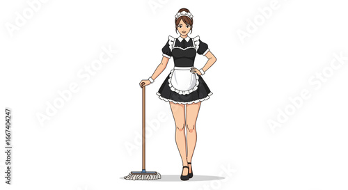 Illustrative portrayal of a poised anime-styled maid holding a cleaning mop