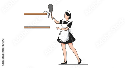 Maid doing dusting on shelves in a cleaning service concept vector art