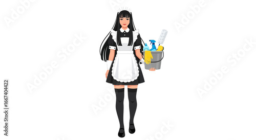 Stylish Maid in Uniform with Cleaning Supplies on White Background