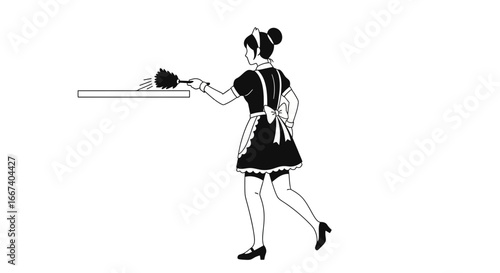 Stylized illustration of a maid dusting furniture in monochrome style