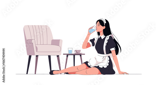 Thirsty maid pausing for refreshment near comfortable living room chair