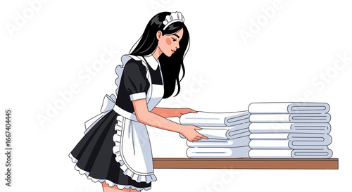 Stylized illustration of a maid stacking freshly laundered towels