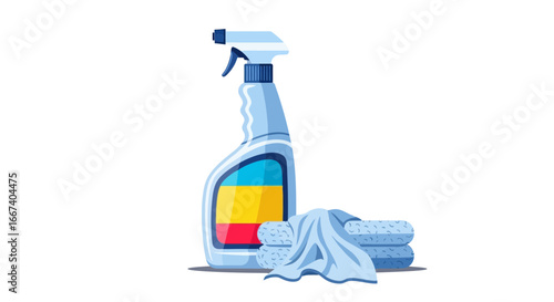 Vector Illustration of Cleaning Equipment with Spray Bottle and Cloths