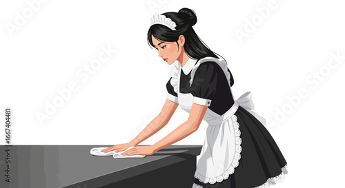 Vector illustration of a maid cleaning a table with meticulous care