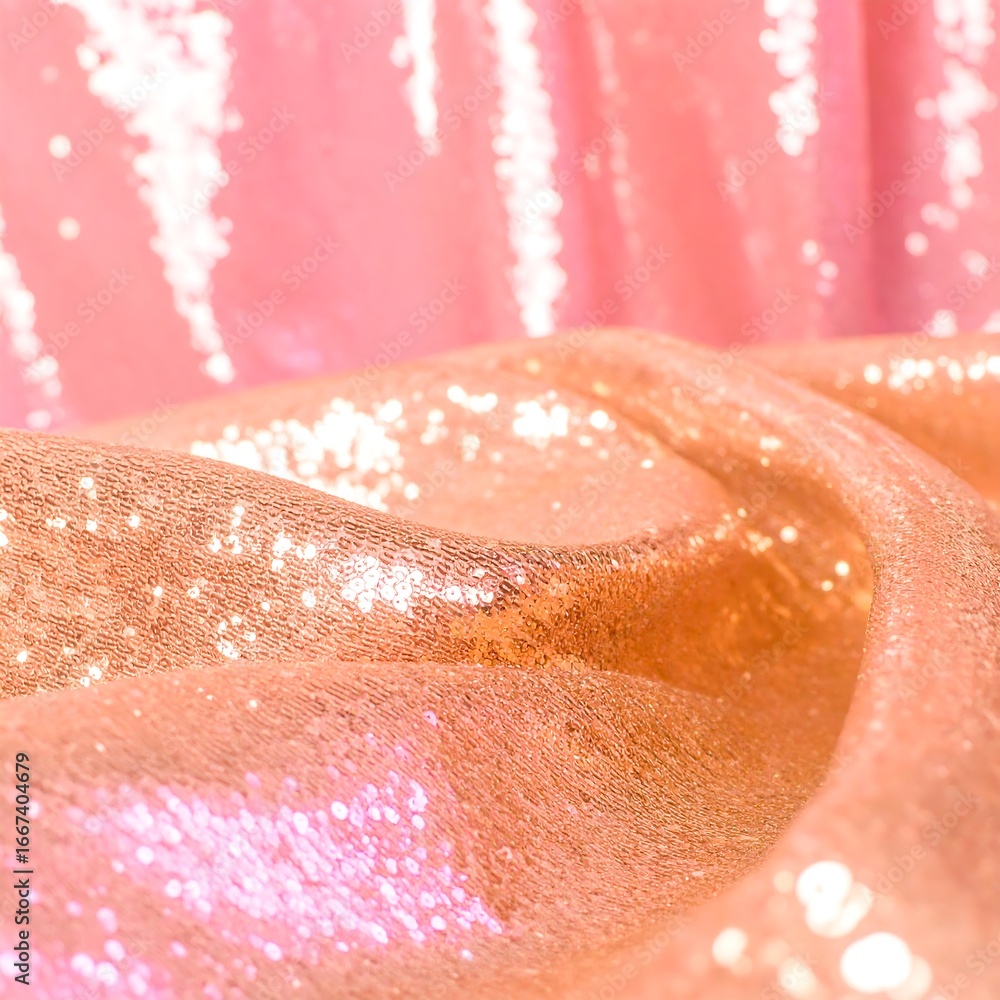 Fototapeta premium Close-up view of a soft, textured fabric with shimmering sequins in a delicate shade of rose gold.