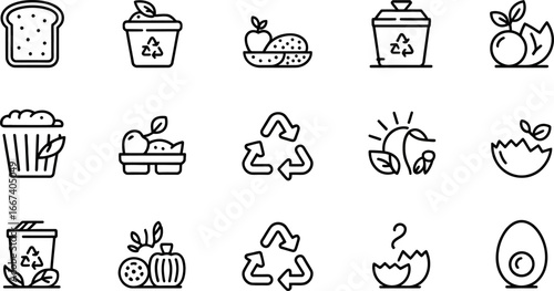 Eco-friendly food waste recycling icons showcasing healthy lifestyle and sustainability
