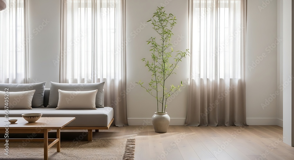 Fototapeta premium Serene Minimalist Living Room - Soft Light, Neutral Tones, and Tranquil Atmosphere.