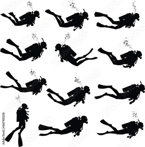 Silhouette scuba divers underwater, diving, snorkeling, swimming, sea adventure, ocean exploration, marine life, bubbles, sport, water activity, freedom, travel, vacation