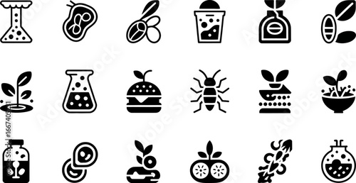 Collection of icons representing food science, agriculture, and biotechnology